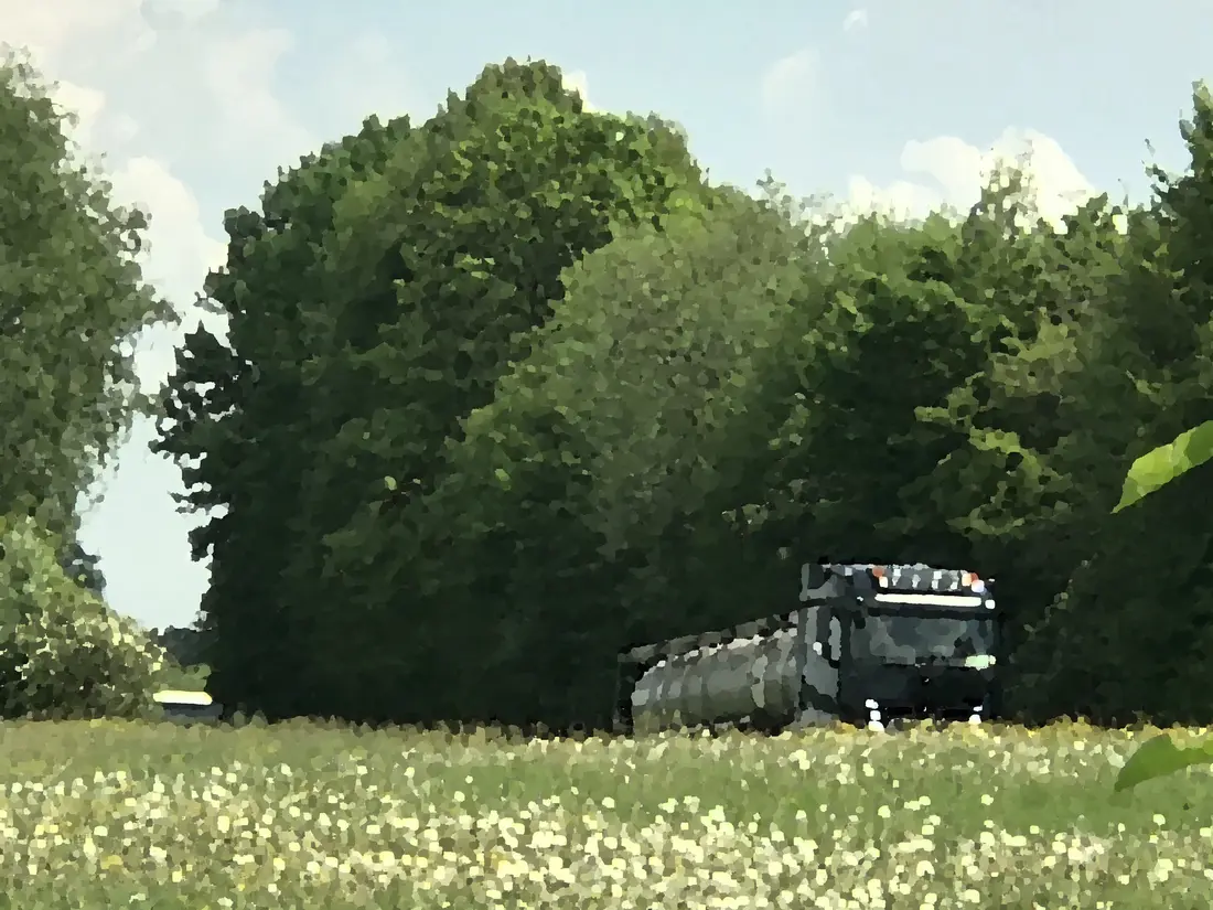 LKW quert eine Wiese, stilisiert